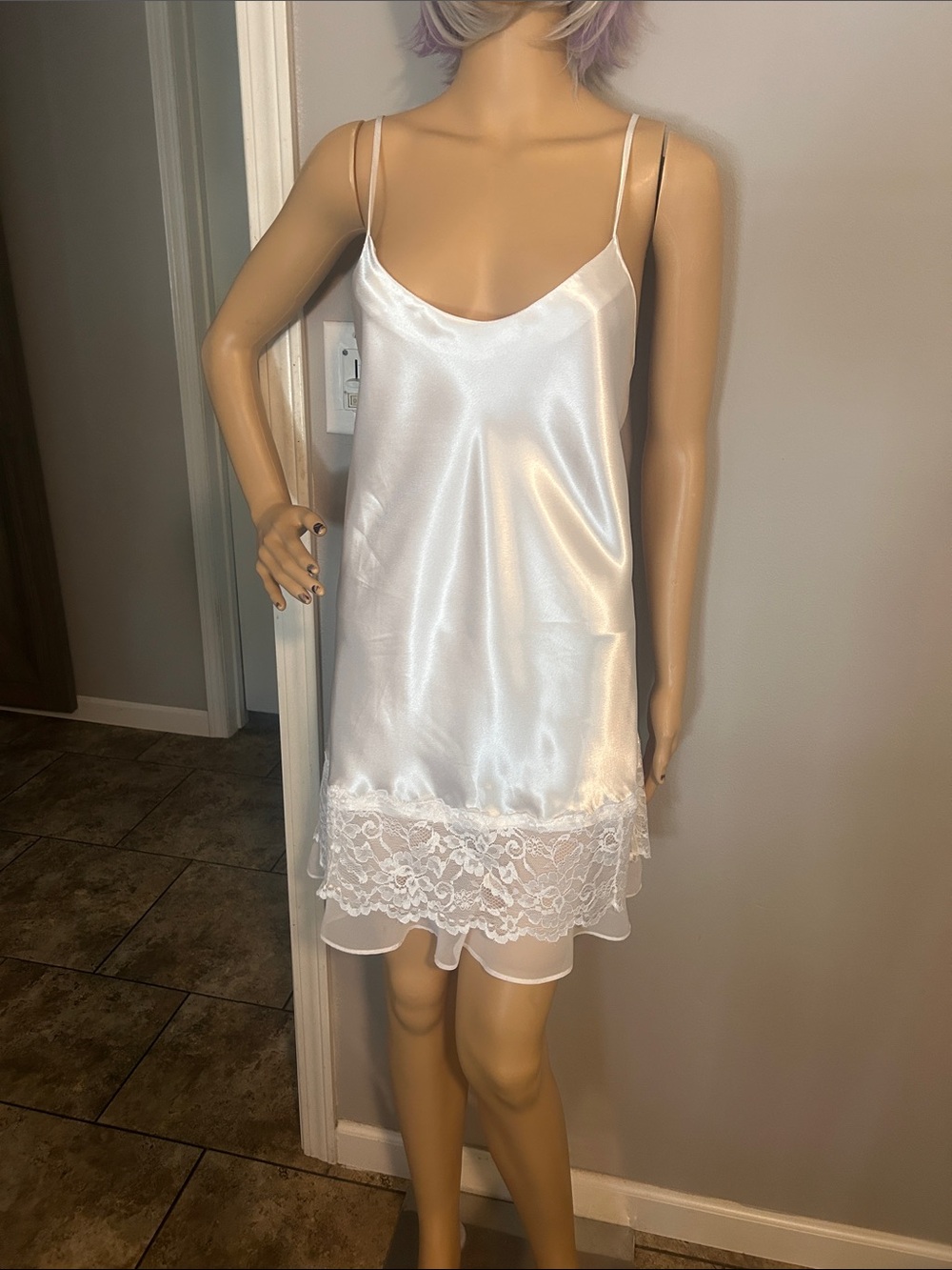 California Dynasty Vintage Satin  White Lace-Trim Slip Dress USA